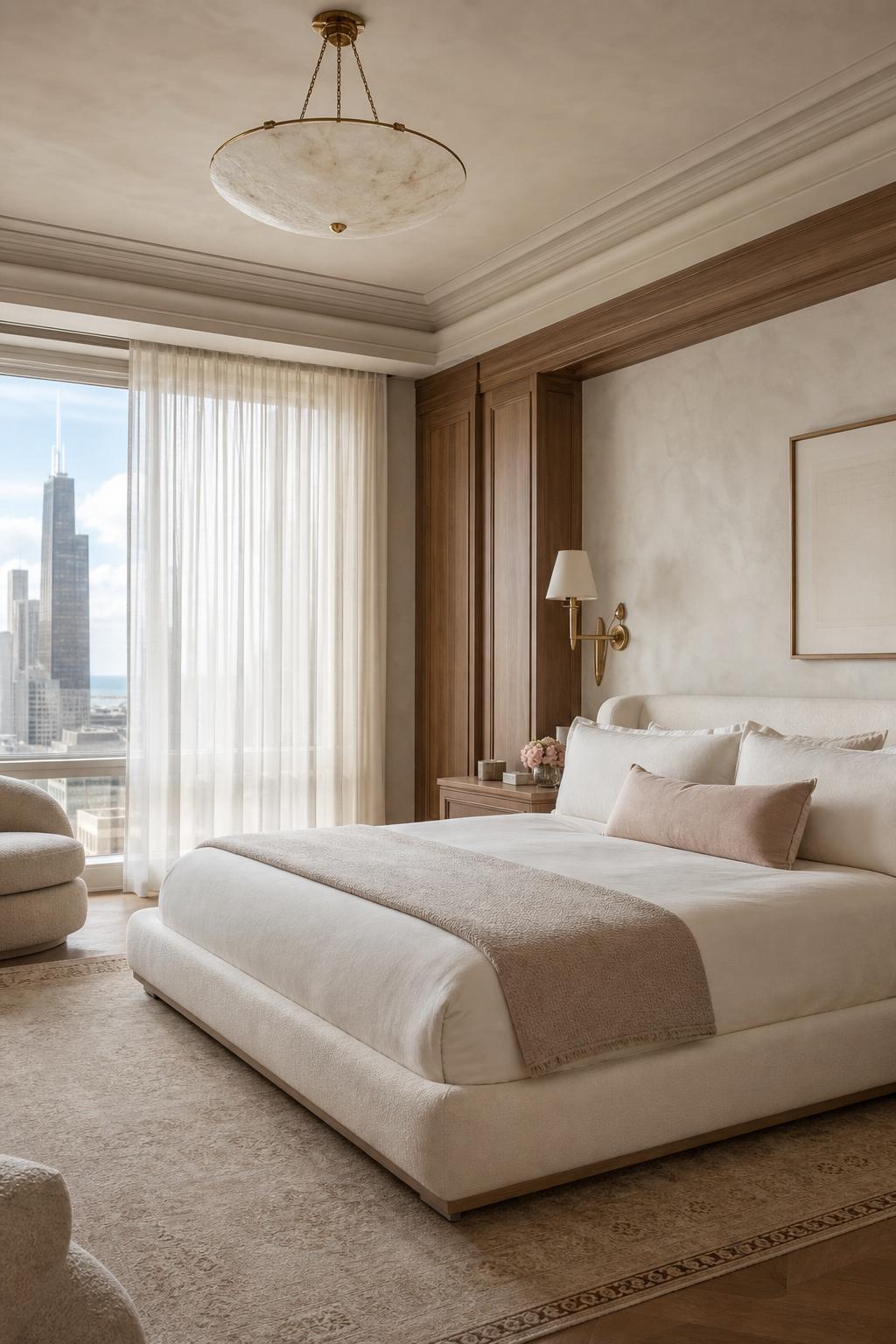 Editorial interior — primary bedroom in cream plaster and warm oak