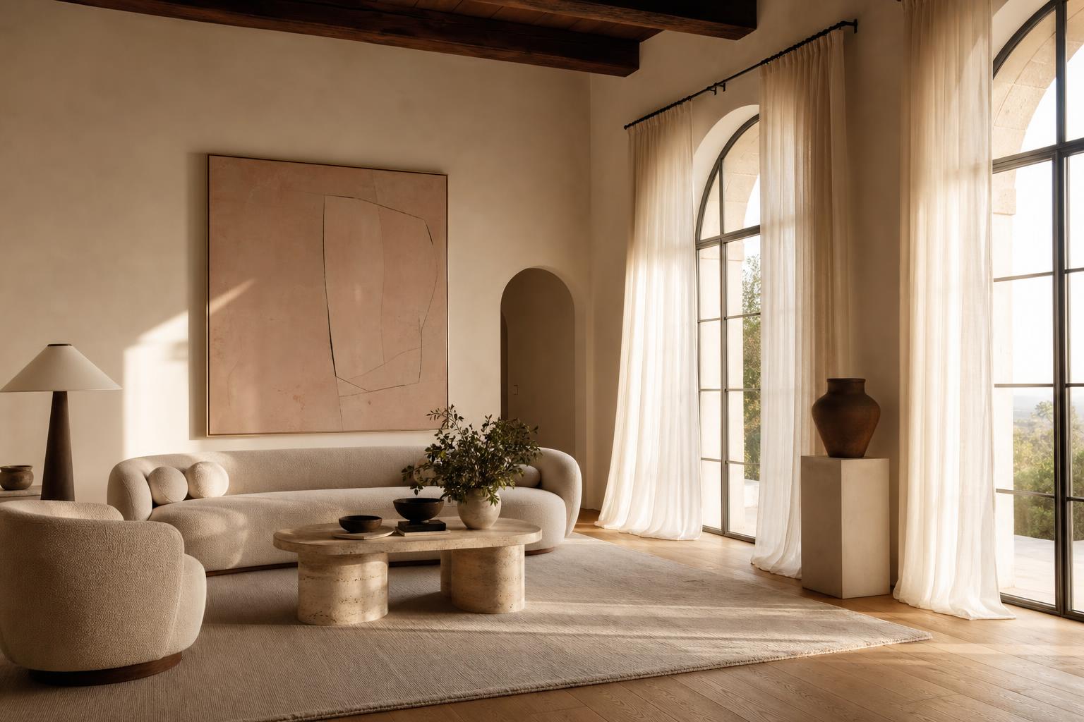 Editorial interior — quiet living room in ivory plaster and warm oak